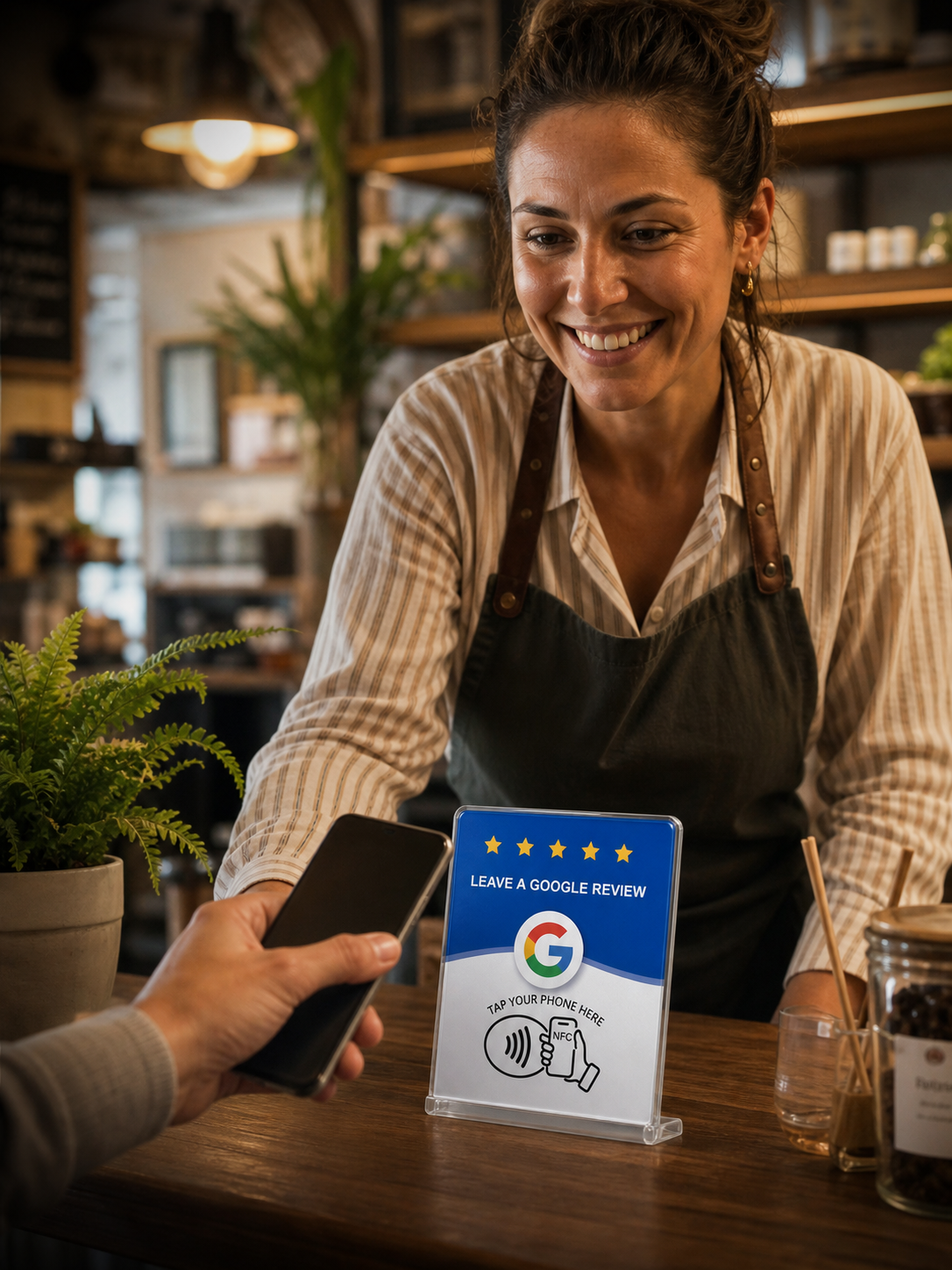 Example of a Google review card at a business counter